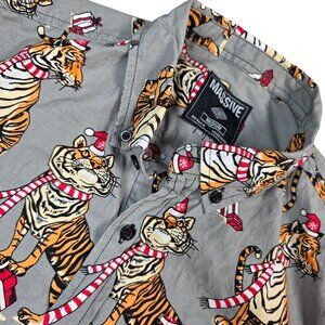 Massive Christmas Holiday Tiger Print Slim Button-Up Shirt Mens Medium
